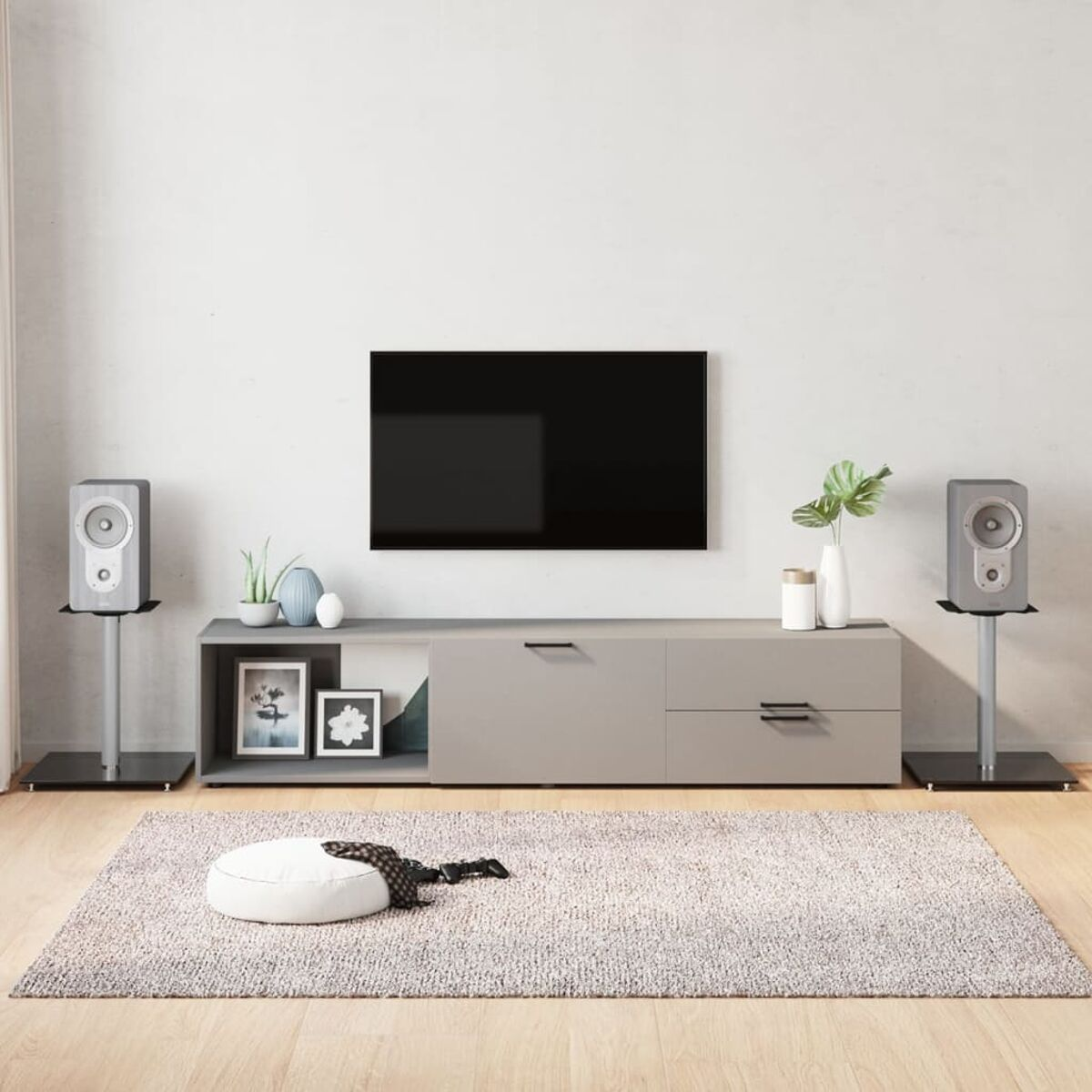 Wohnzimmer-Setup mit einem Fernseher auf einem grauen Schrank, Lautsprechern und einem Teppich.