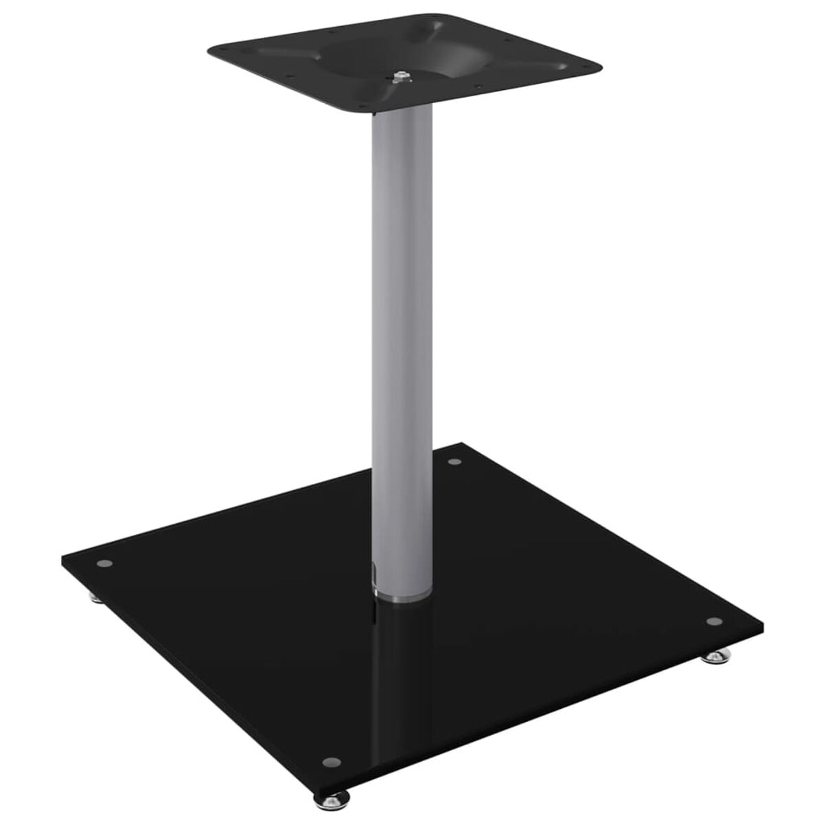 Ein schwarzes Tischgestell mit quadratischer Basis und silberner Stange, auf weißem Hintergrund.