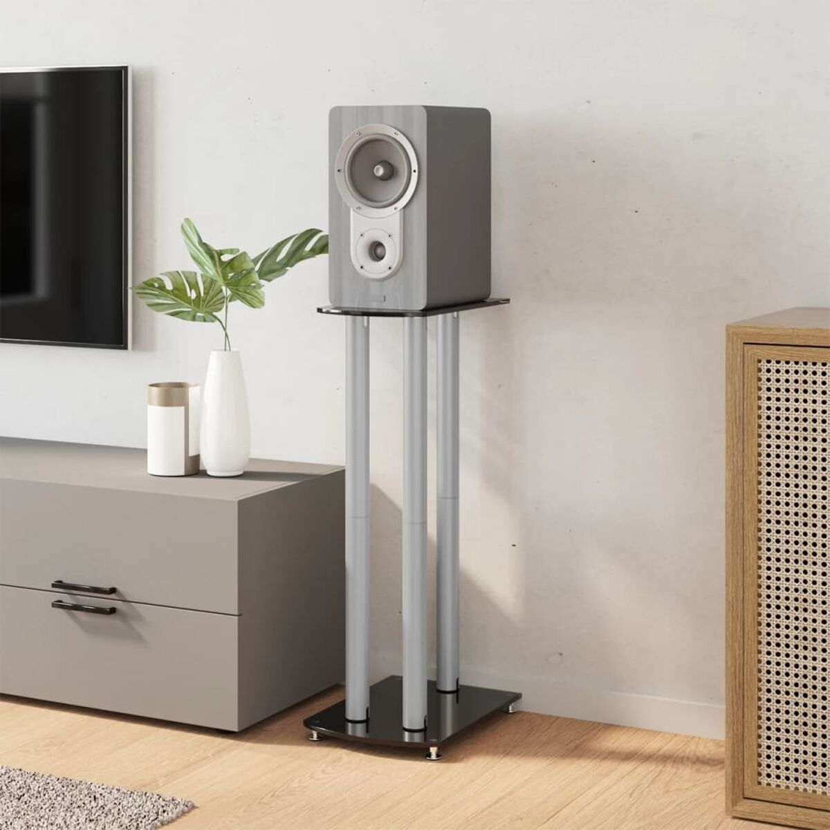 Grauer Lautsprecher auf Ständer. Grüne Pflanze in Vase. Grauer Schrank, schwarzer Fernseher. Weiße Wand, Holzschrank.