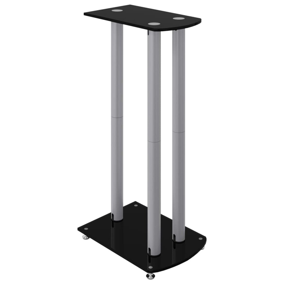 Ein schwarzes Rednerpult mit schwarzer Basis und Oberseite. Drei silberne Pfosten tragen die obere Plattform.