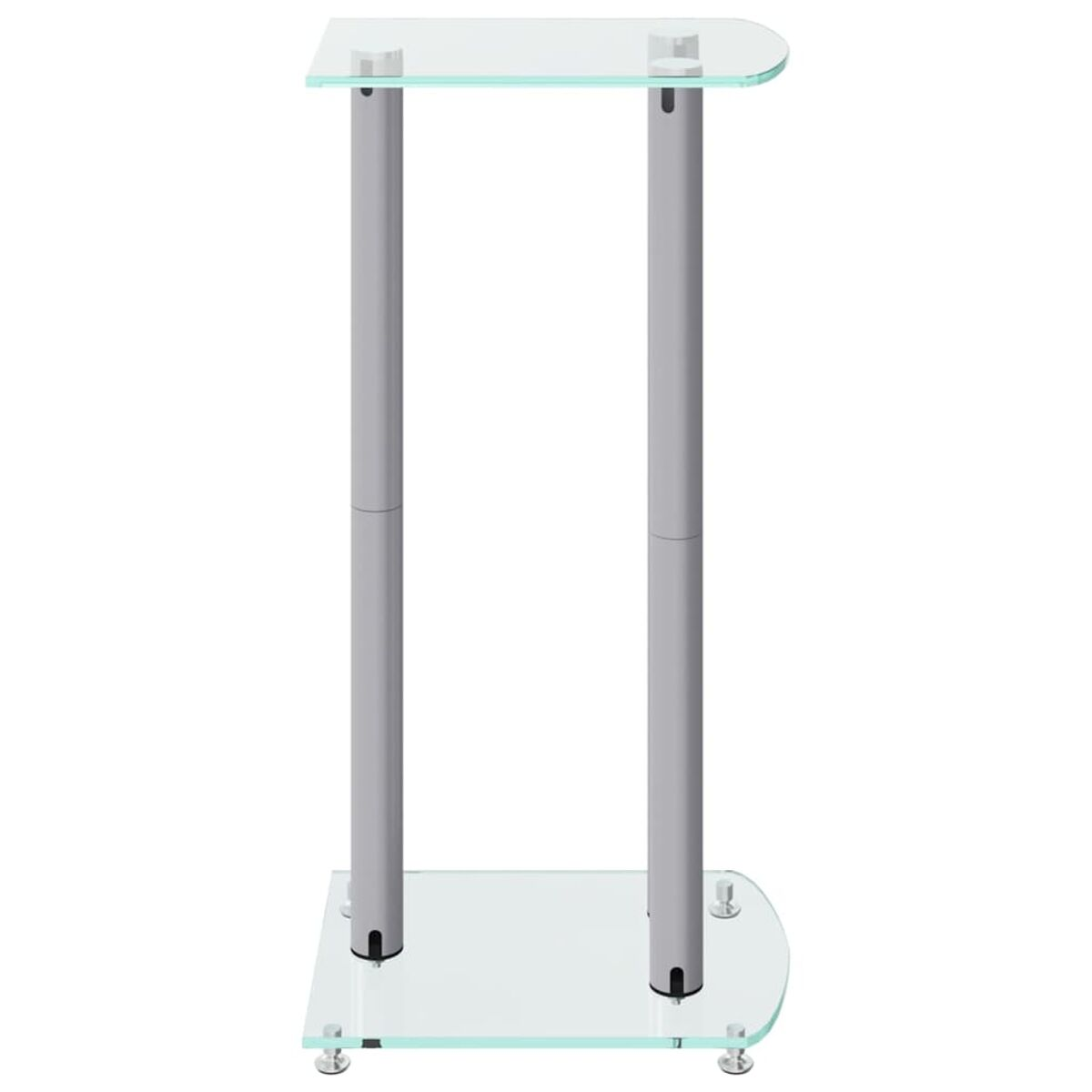 Ein Glaspodest mit zwei grauen Stützen und rechteckiger Basis. Oberseite hat eine gebogene Front.