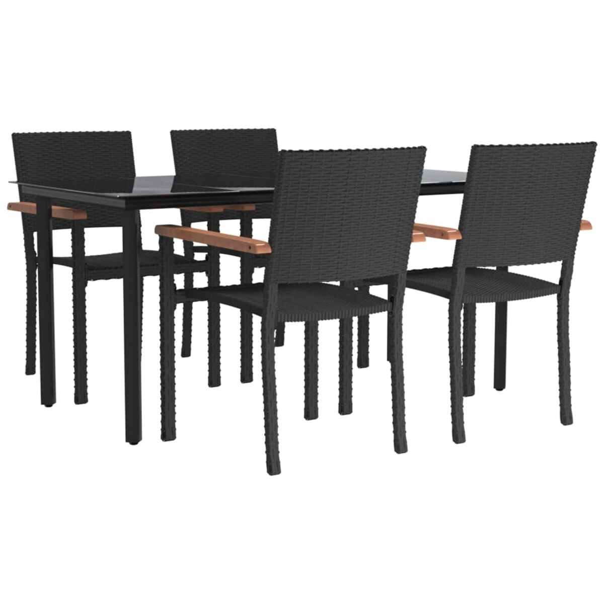 Ein schwarzes Ess-Set für draußen mit Glastischplatte und schwarzen Korbstühlen.