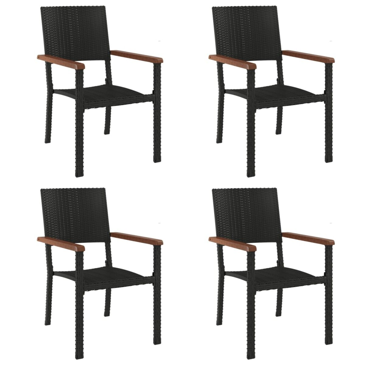 Vier schwarze Korbstühle mit Holzarmlehnen. Weißer Hintergrund.