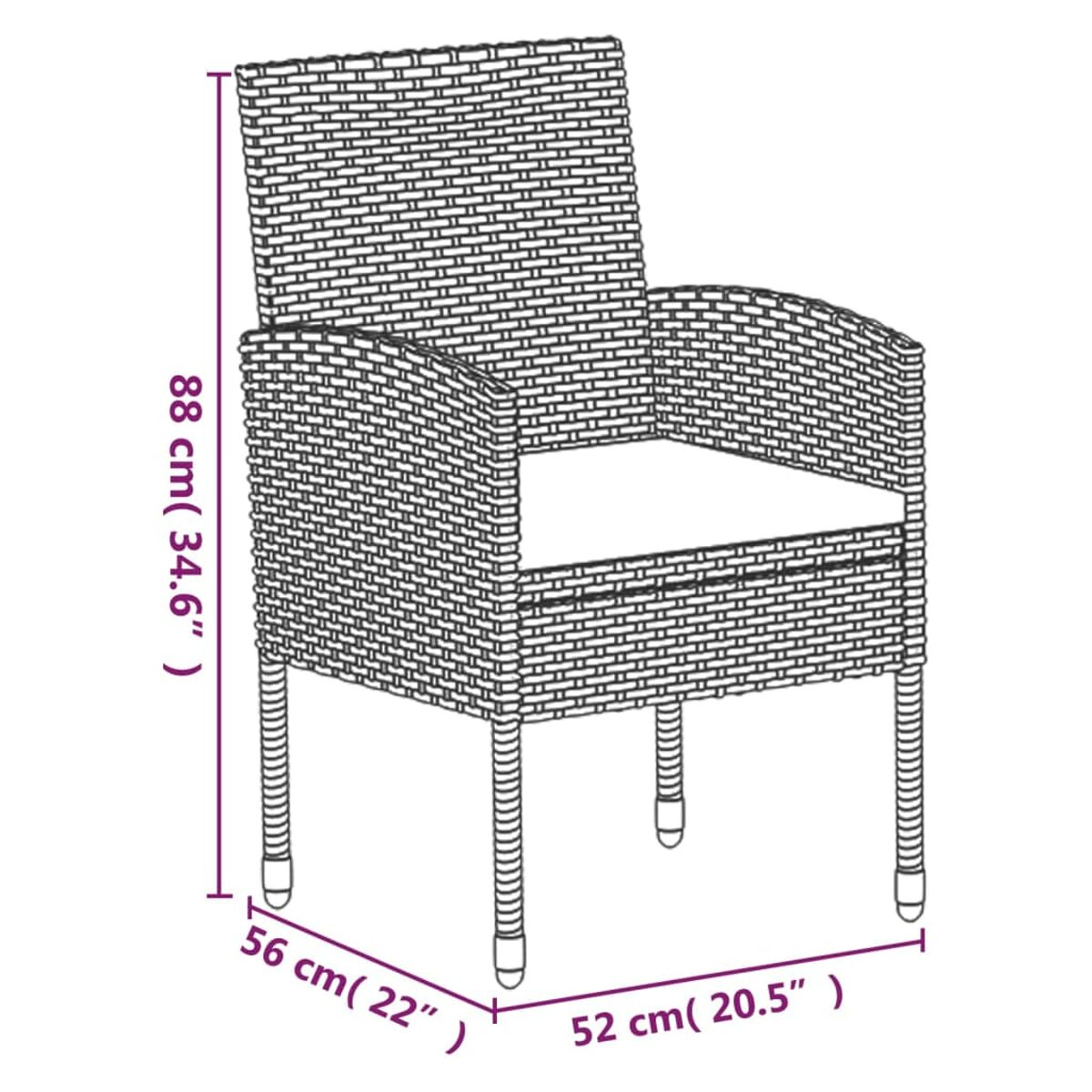 Ein schwarzer Outdoor-Stuhl aus Korbgeflecht mit weißem Kissen. Maße werden angezeigt.