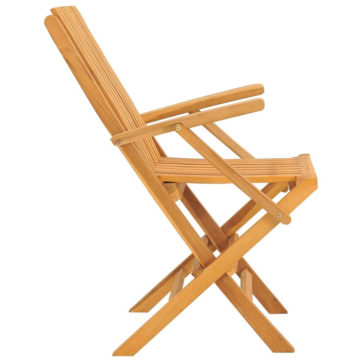 Klappstuhl aus Holz, Seitenansicht, zeigt die Lamellenlehne und das Sitzdesign.