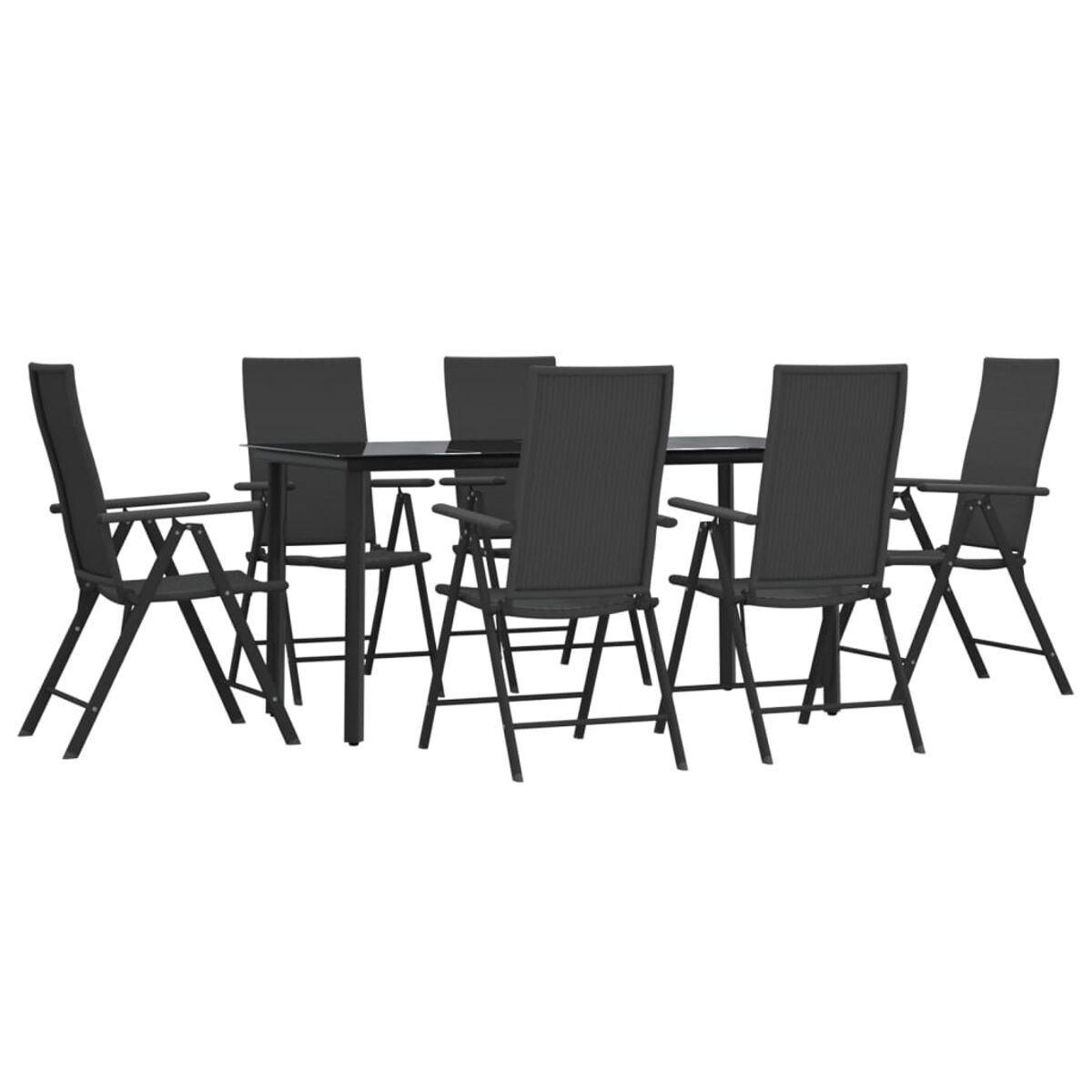 Ein Set aus sieben schwarzen Outdoor-Stühlen um einen schwarzen Tisch. Alle sind leer und einsatzbereit.