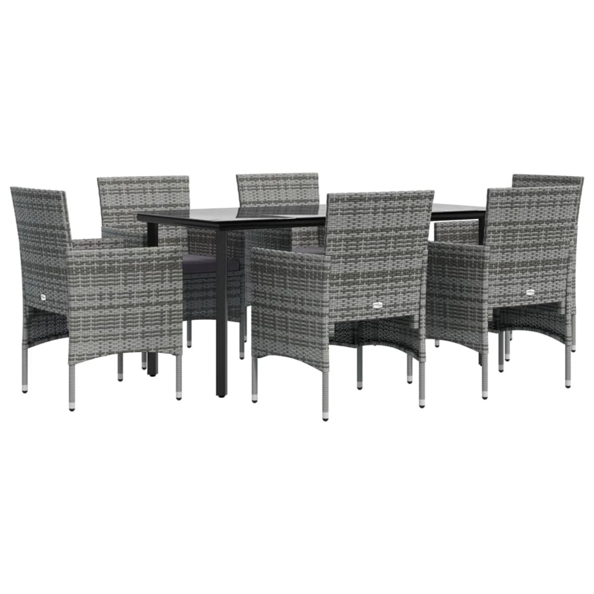 Eine Essgruppe mit Tisch und Stühlen. Die Stühle und der Tisch sind grau und haben ein gewebtes Design.