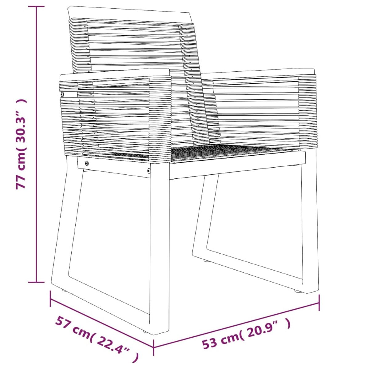 Moderner Outdoor-Stuhl mit gewebtem Sitz und Rücken, Maße werden angezeigt.
