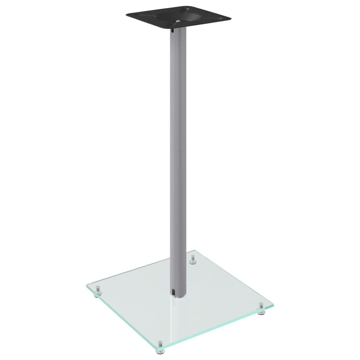 Ein Metall-Tischfuß mit Glasfuß und quadratischer Oberseite.