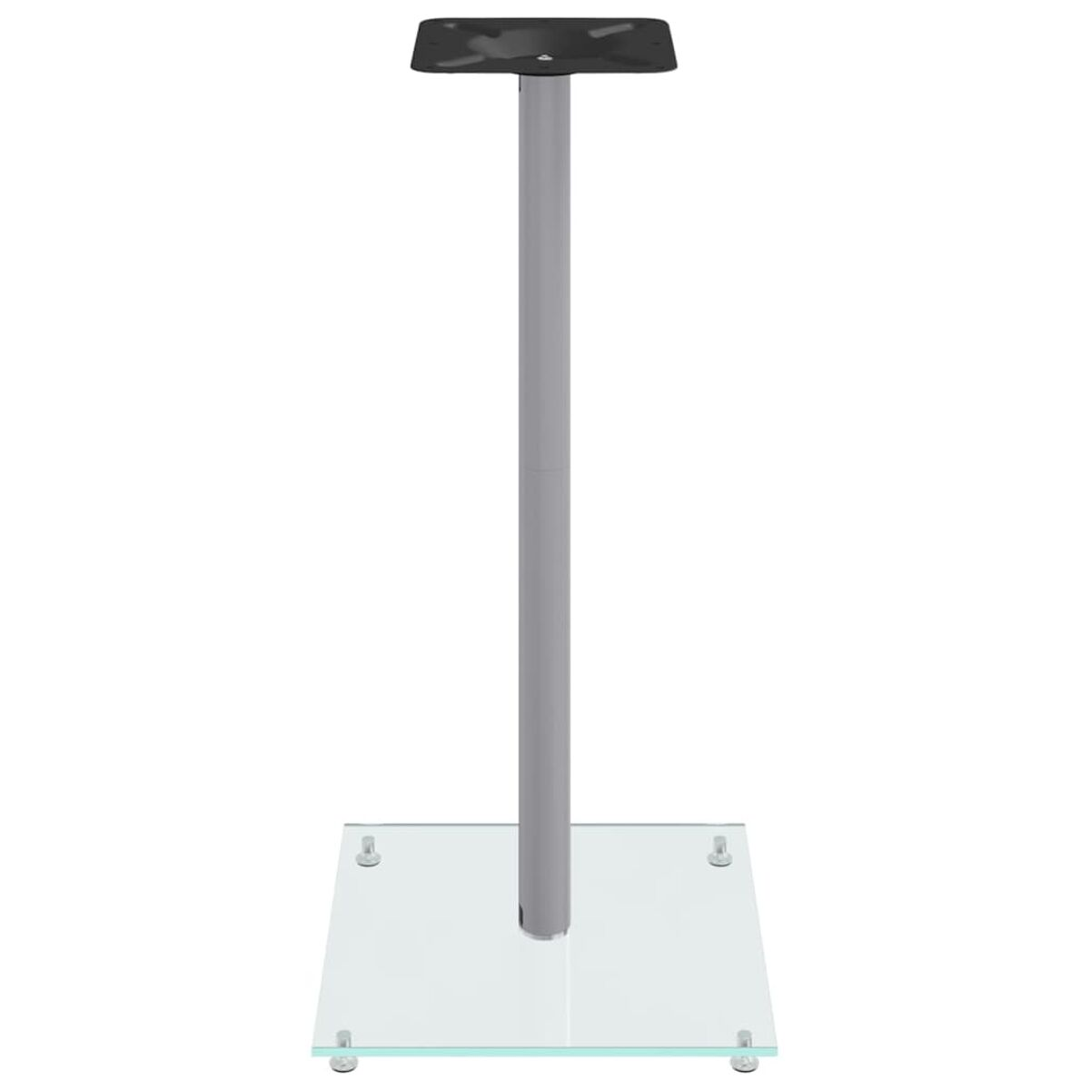 Silberner Metallständer mit schwarzem Oberteil und transparentem Glassockel. Isoliert auf Weiß.