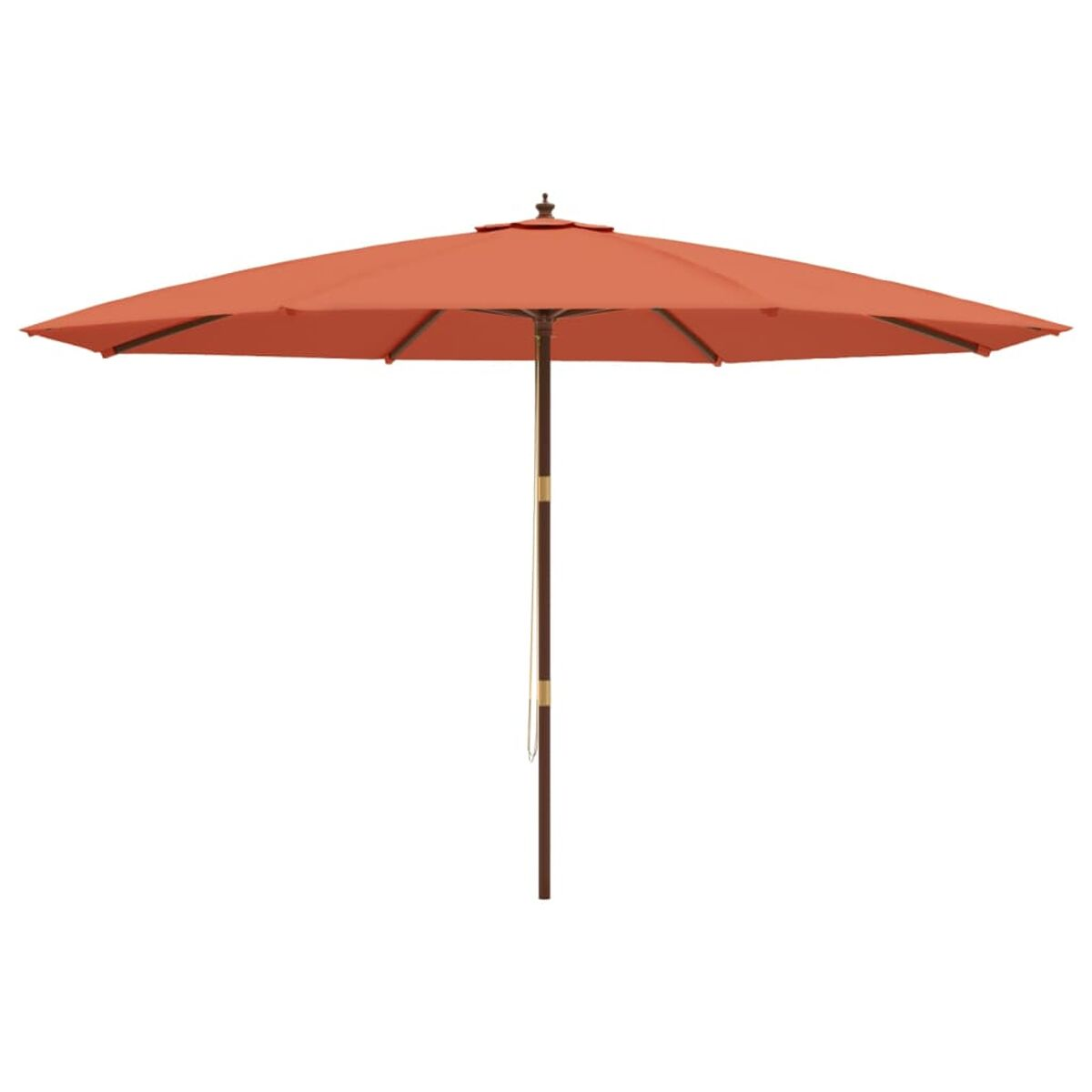 Offener orangefarbener Regenschirm auf einer Holzstange. Hintergrund ist weiß.