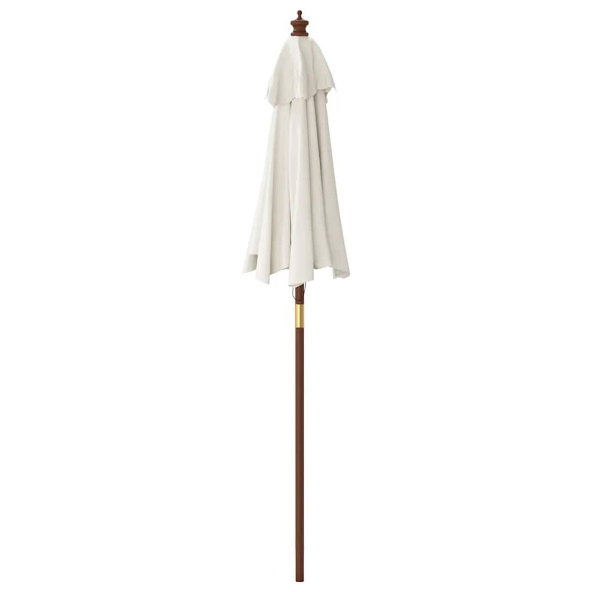 Geschlossener weißer Schirm mit dunklem Holzpfahl und braunem Zieraufsatz.