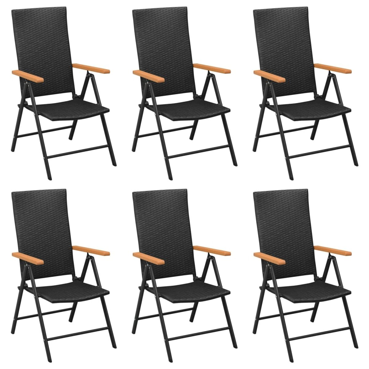 Sechs schwarze Klappstühle mit gewebten Sitzen und Holzarmlehnen.