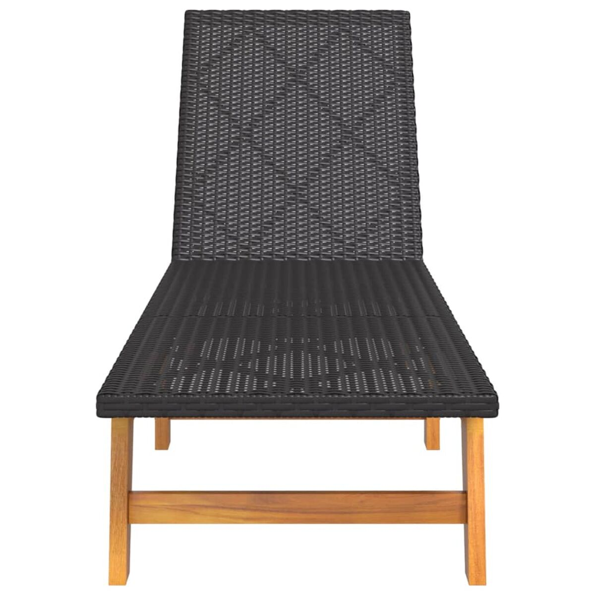 Schwarze, gewebte Outdoor-Liege mit Holzbeinen. Hohe Rückenlehne, keine Armlehnen.