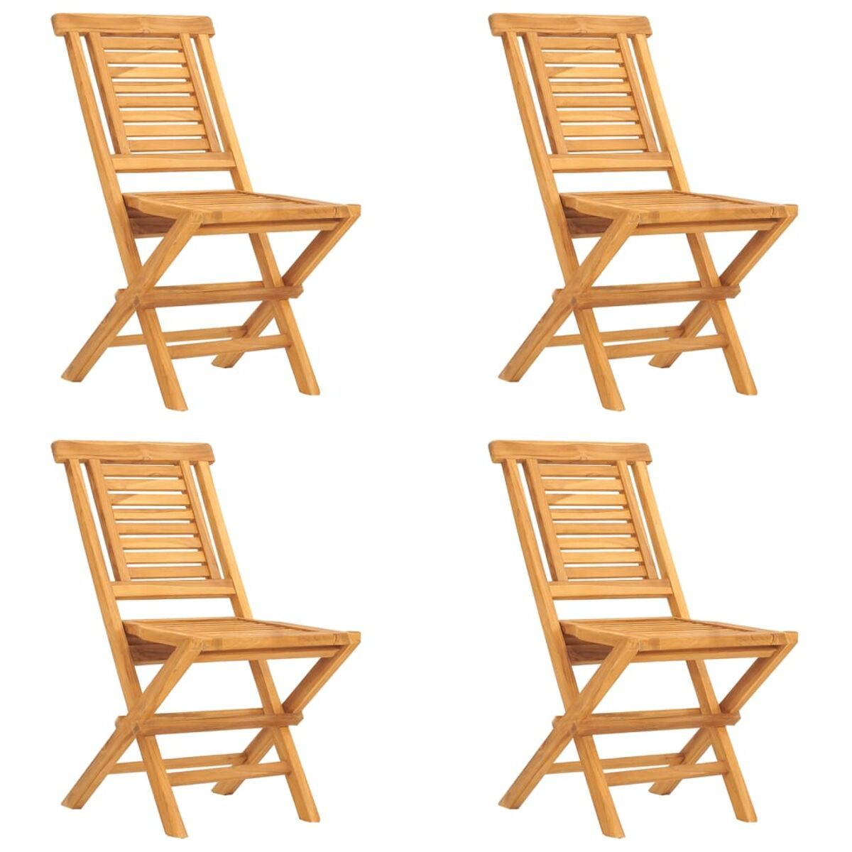 Vier hölzerne Klappstühle, jeder mit einer Lamellenlehne und einem Sitz. Sie sind hellbraun.