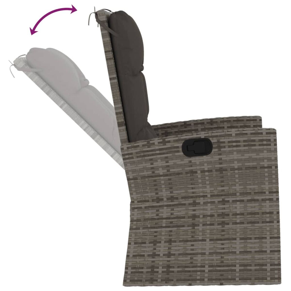 Rattan-Stuhl mit Kissen zurückgelehnt. Pfeil zeigt die Liegefunktion an. Der Stuhl ist grau.