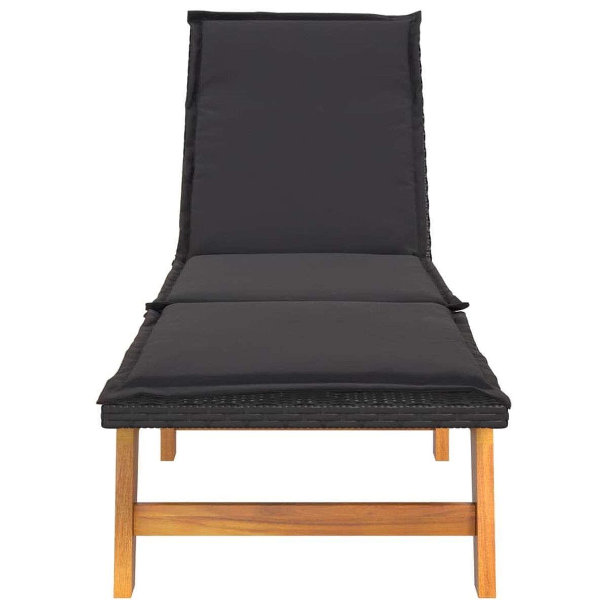 Eine schwarze Outdoor-Liege mit Holzbeinen. Sitz und Rücken haben schwarze Kissen.