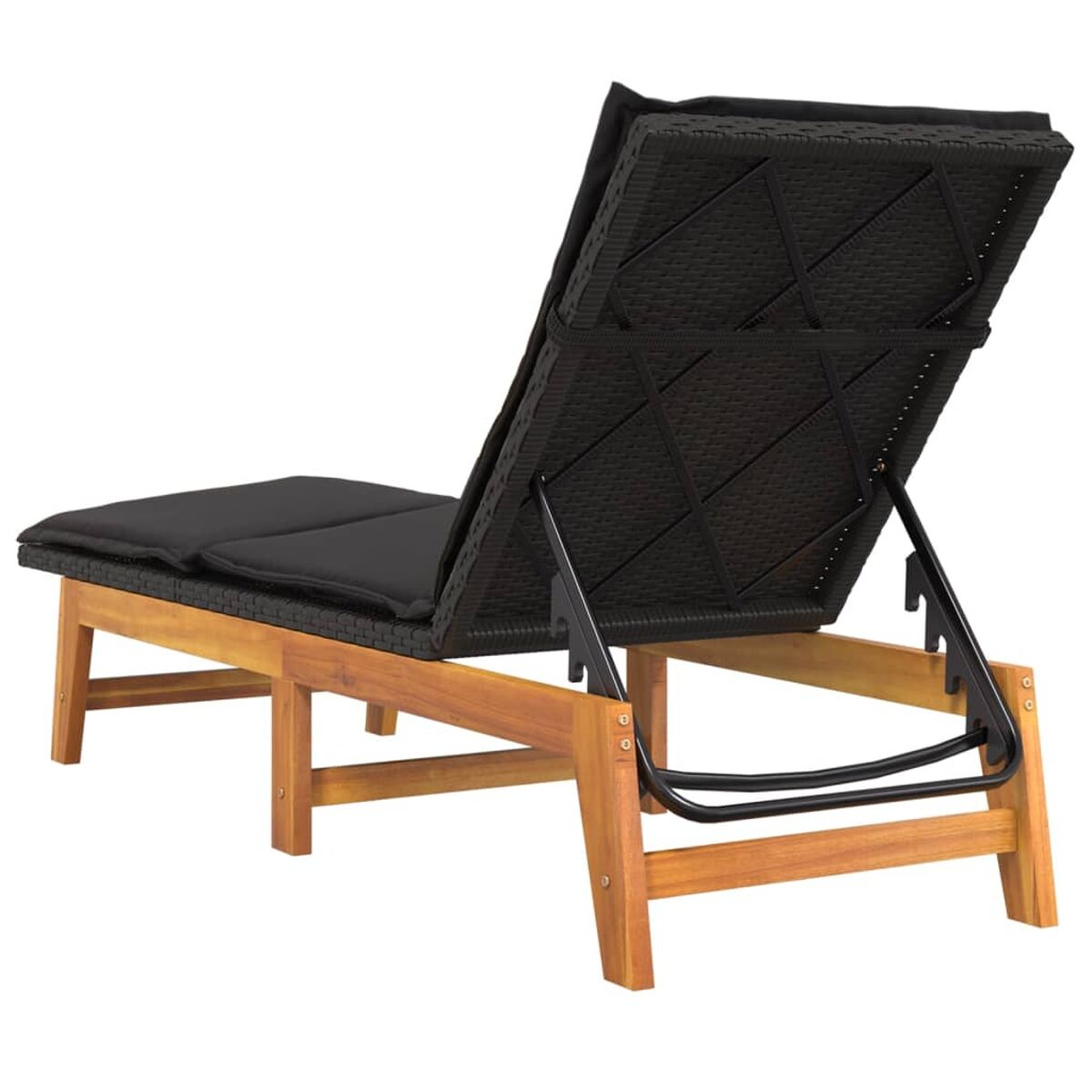 Schwarze und braune Outdoor-Liege mit Kissen, Metallrahmen und Holzbeinen.