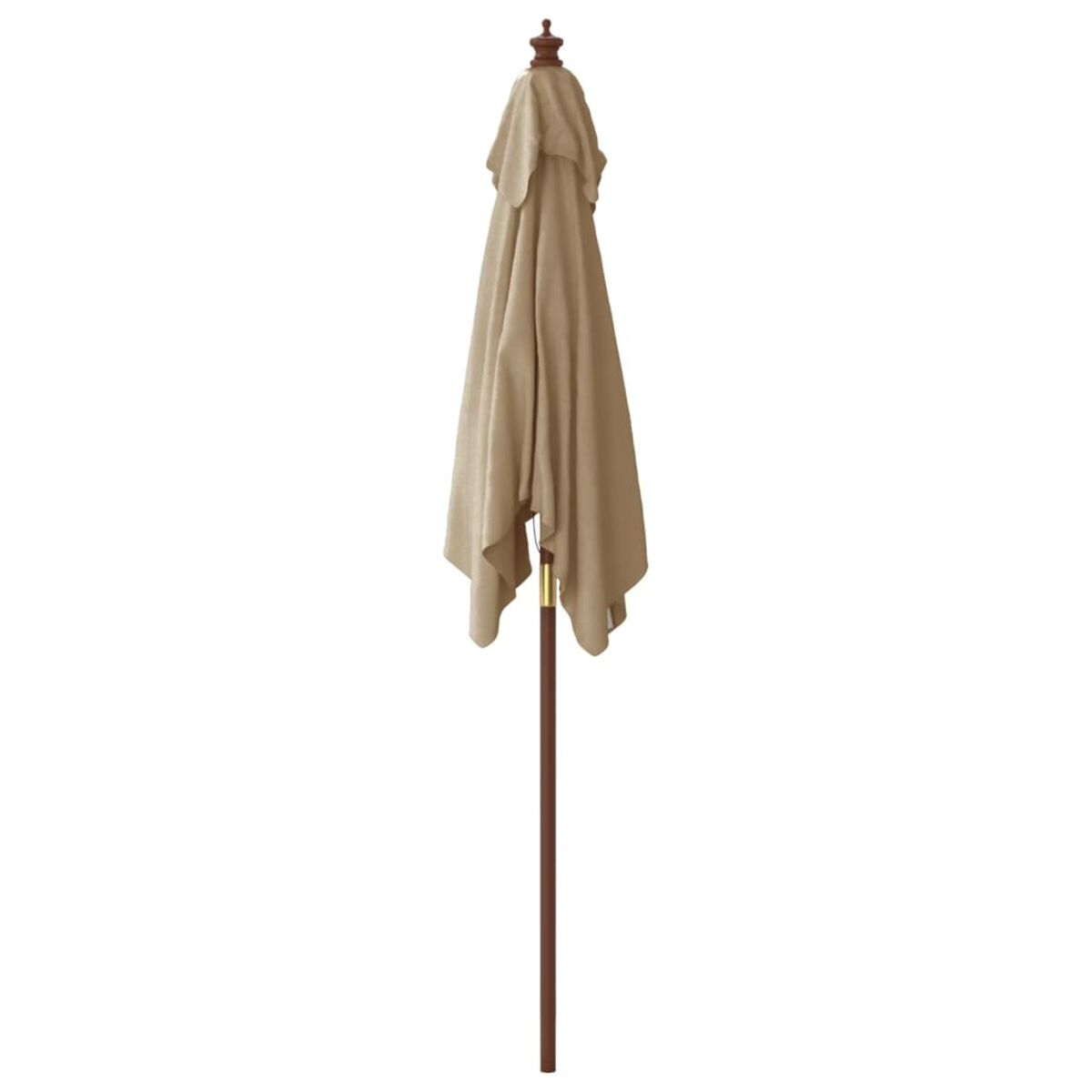 Ein geschlossener, beiger Schirm mit braunem Holzstab vor weißem Hintergrund.