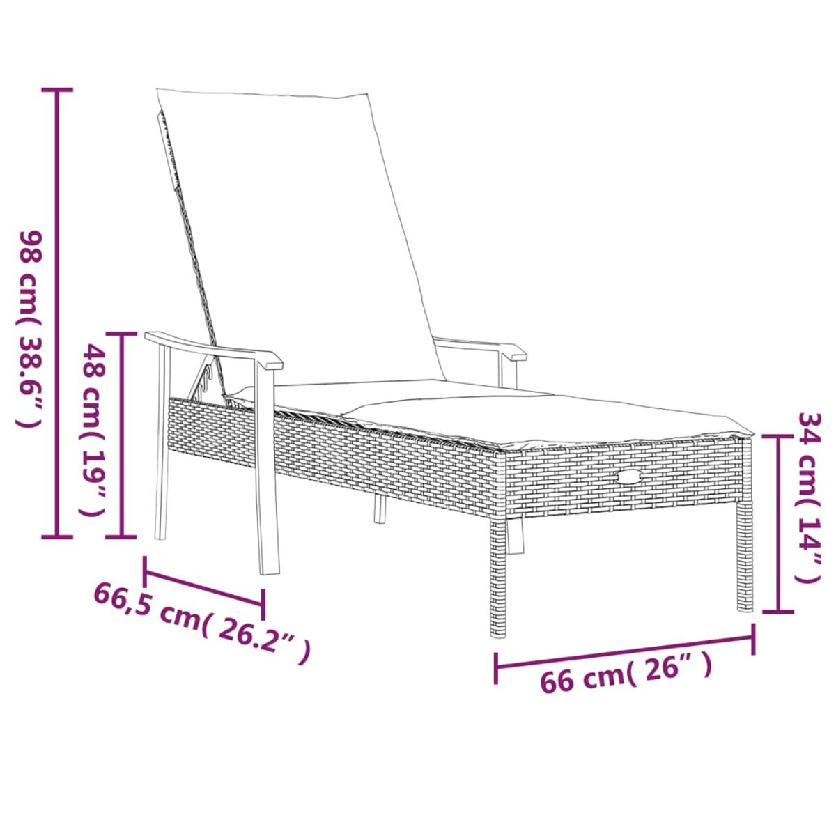 Chaiselongue mit Maßen. Es hat einen gewebten Sitz und einen hohen Rücken. Weißer Hintergrund.