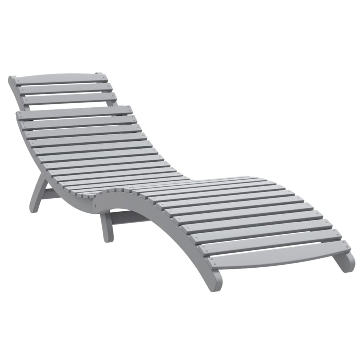 Sdraio in legno grigio. Ha doghe curve e un telaio curvo.