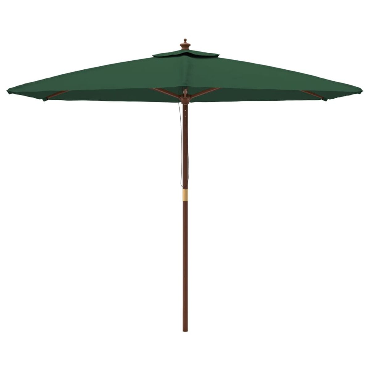 Grüner Regenschirm mit Holzstiel. Keine Personen. Weißer Hintergrund.