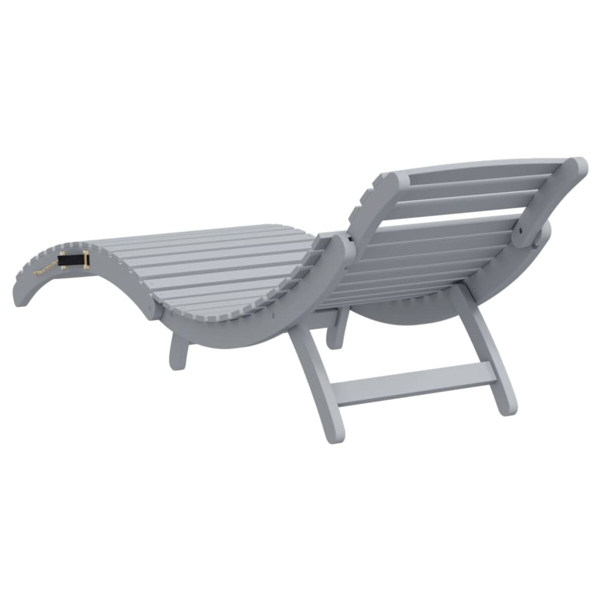 Una sedia a sdraio in legno grigio dal design curvo. È reclinata e sembra comoda.