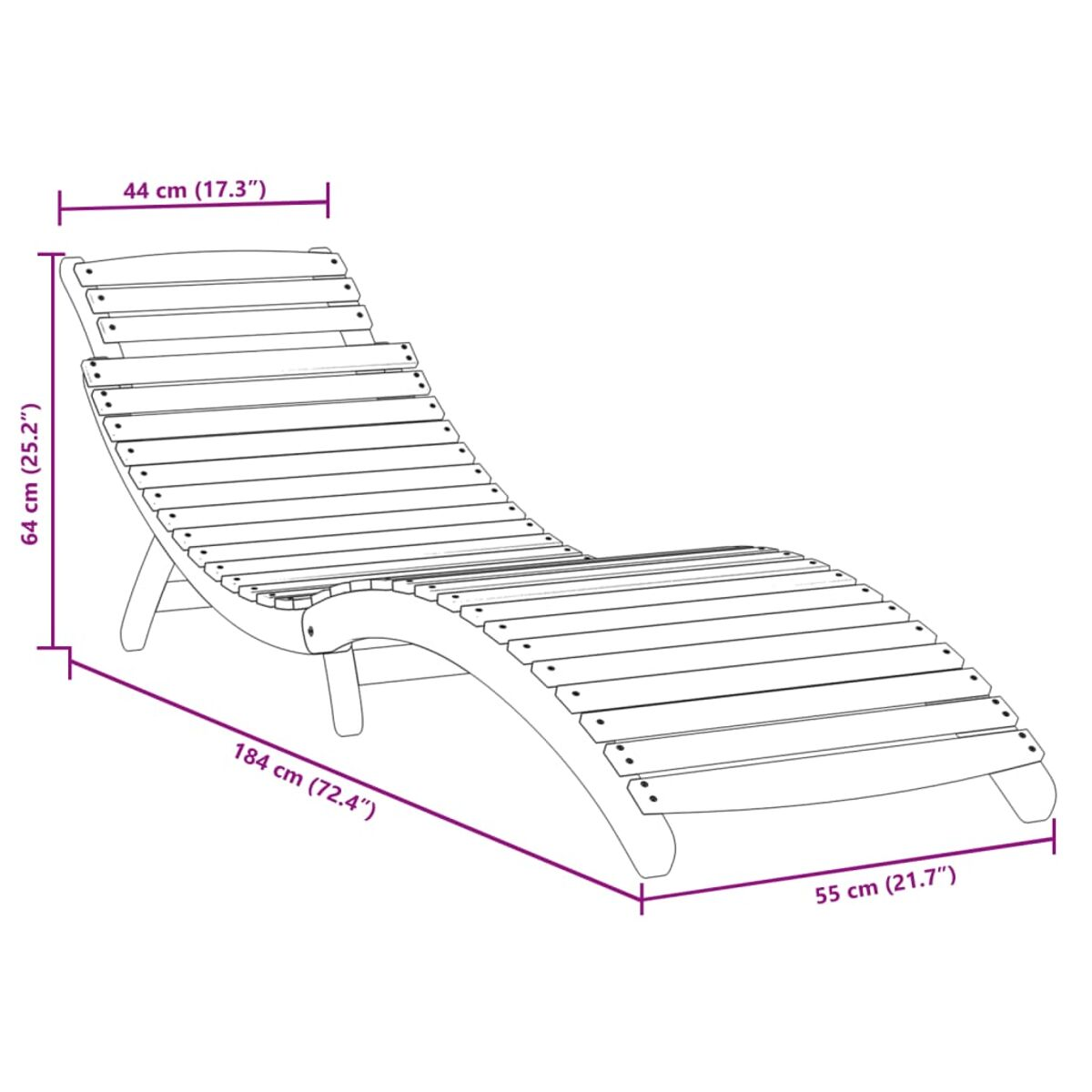 Una chaise longue in legno con misure. Ha una forma curva e doghe di legno.
