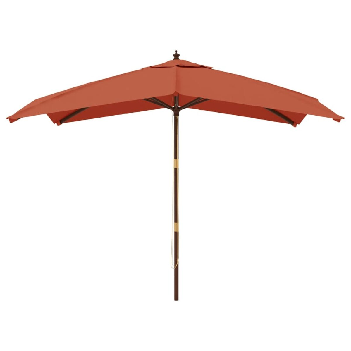 Terracotta-farbener Schirm mit Holzstange und Rahmen, vor weißem Hintergrund.