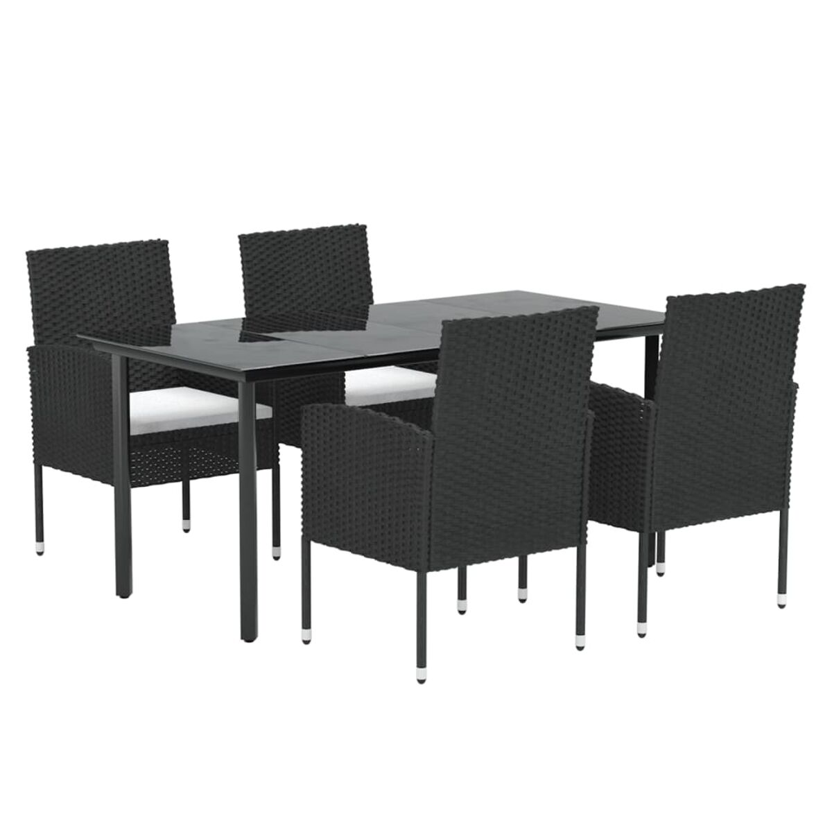Schwarzes Ess-Set aus Rattan für den Außenbereich. Enthält einen rechteckigen Tisch und vier Stühle.