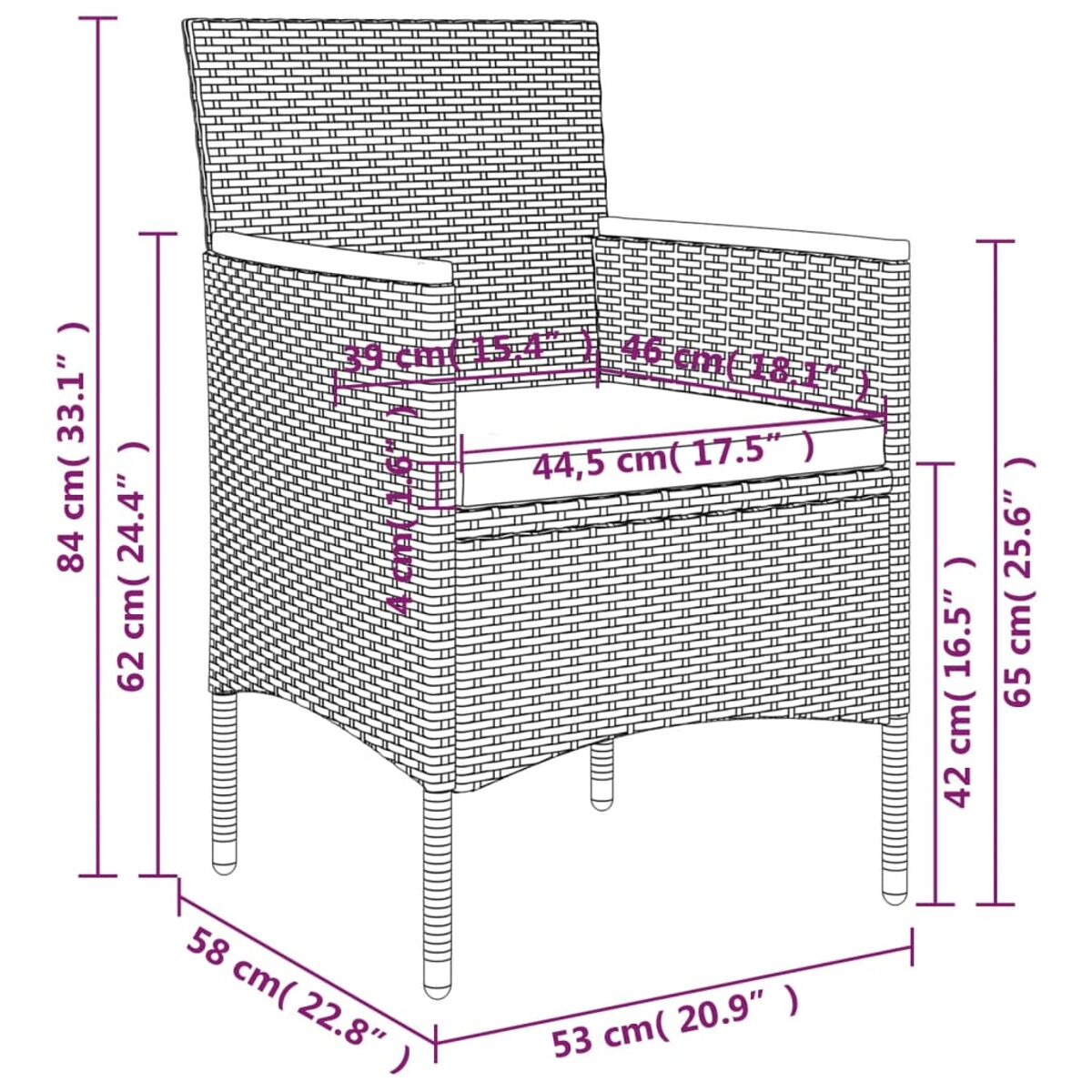 Ein grauer Rattan-Stuhl mit Abmessungen. Weißer Hintergrund.