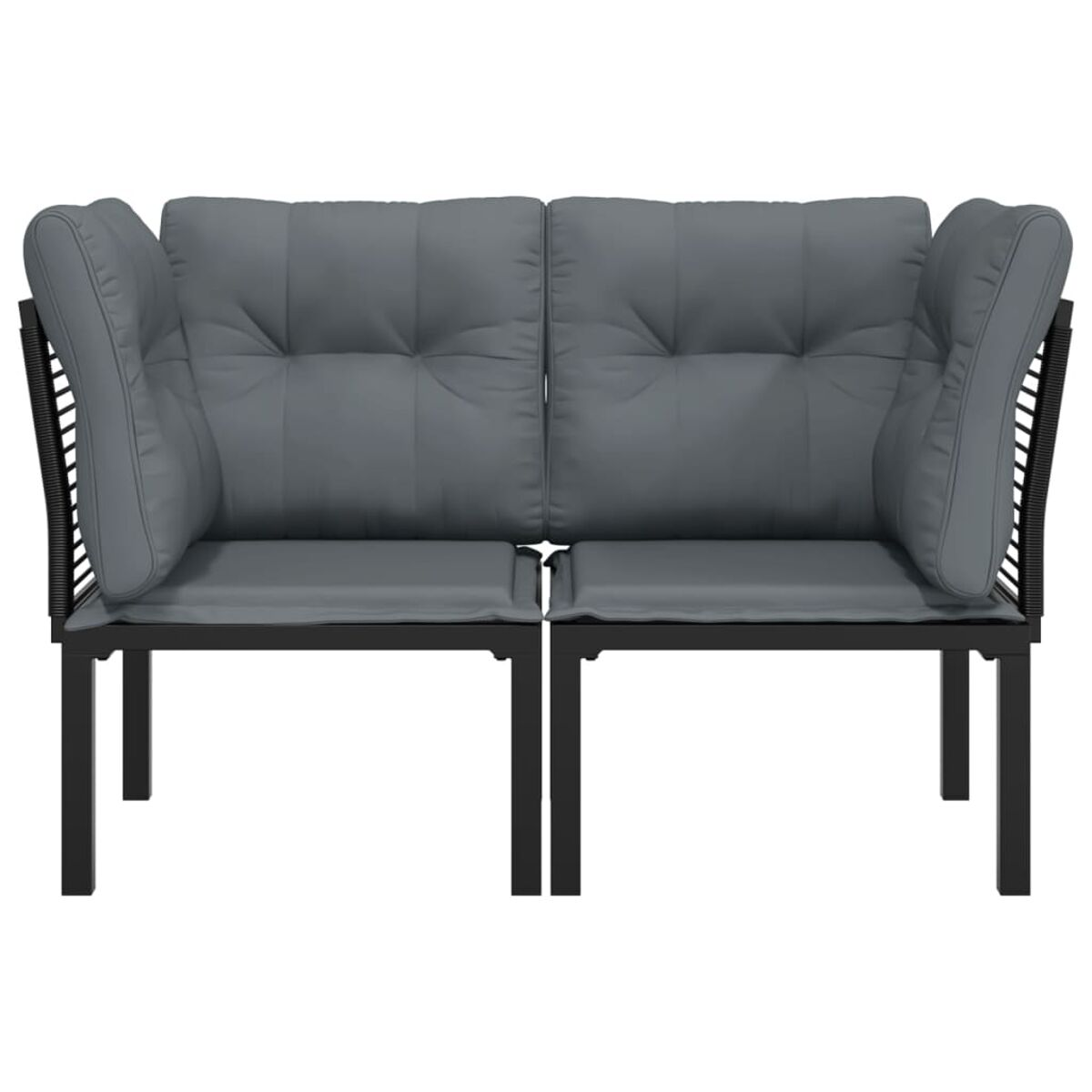 Ein zweisitziges graues Sofa mit schwarzem Rahmen ist abgebildet.