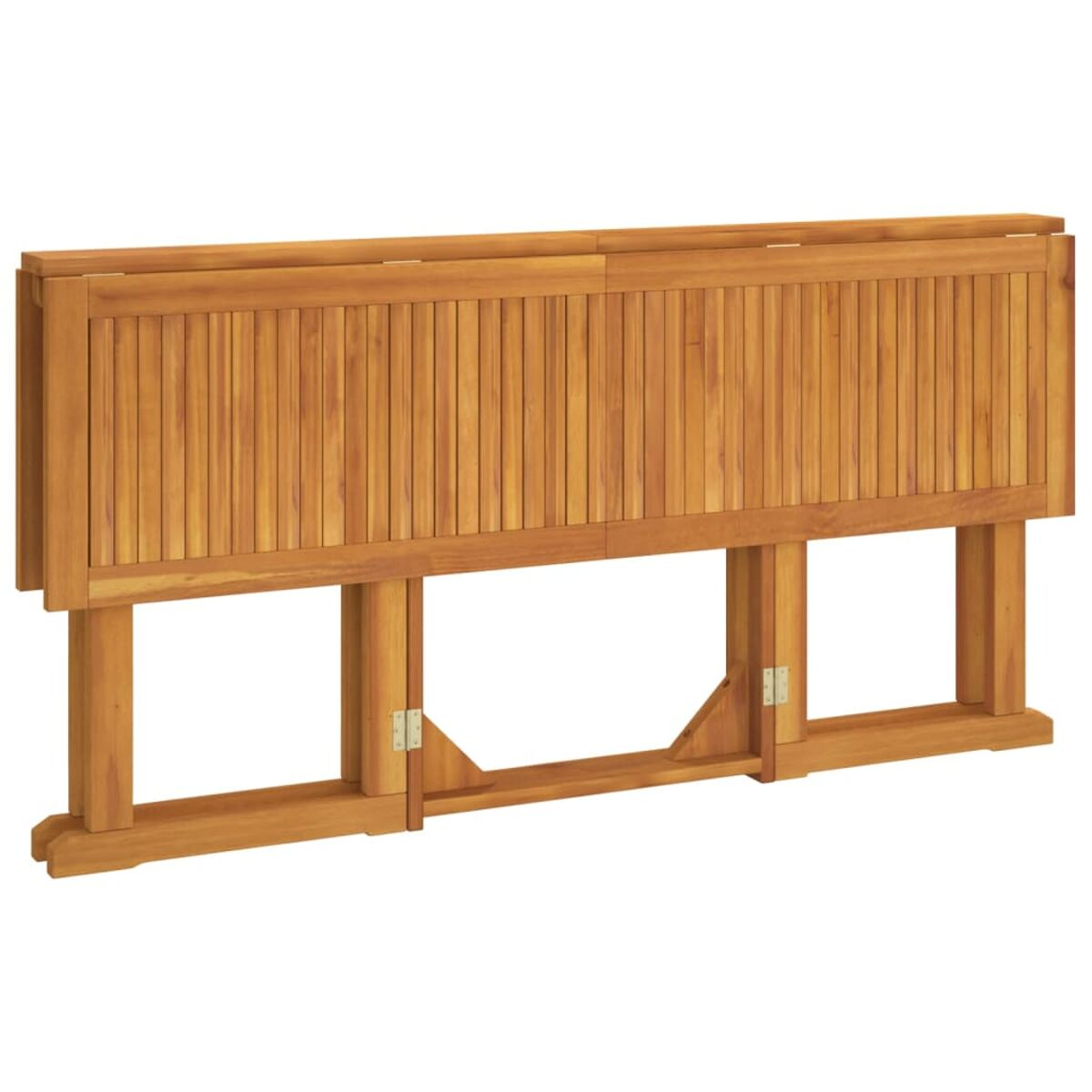 Brauner, zusammenklappbarer Holztisch. Geschlossen mit sichtbaren Scharnieren und Lamellen.