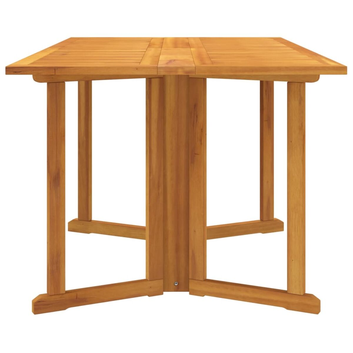 Ein quadratischer Holztisch mit klappbaren Beinen. Die Beine sind sichtbar.