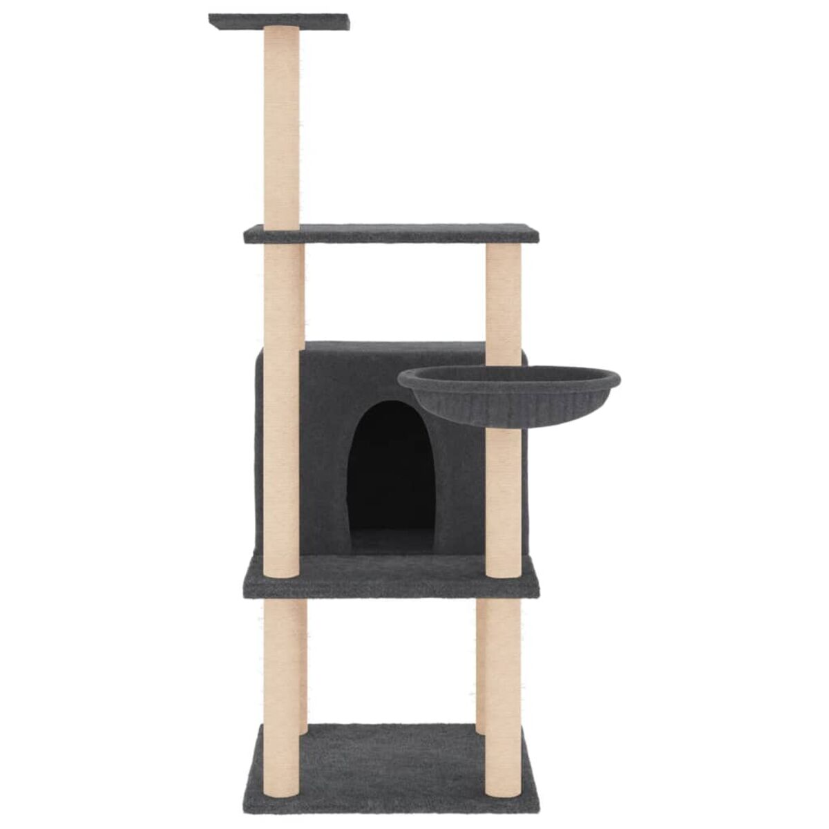 Katzenbaum mit mehreren Plattformen, einem Haus und einer Schüssel.