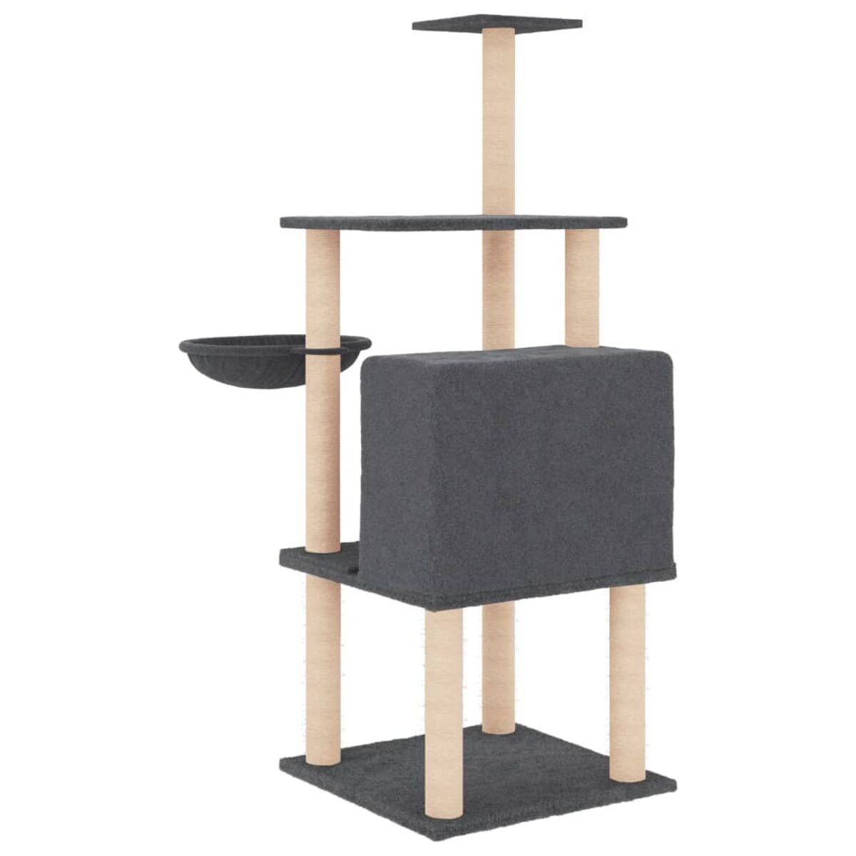 Mehrstöckiger Kratzbaum mit Plattformen, einem Würfel und einer Schale. Beige und grau.