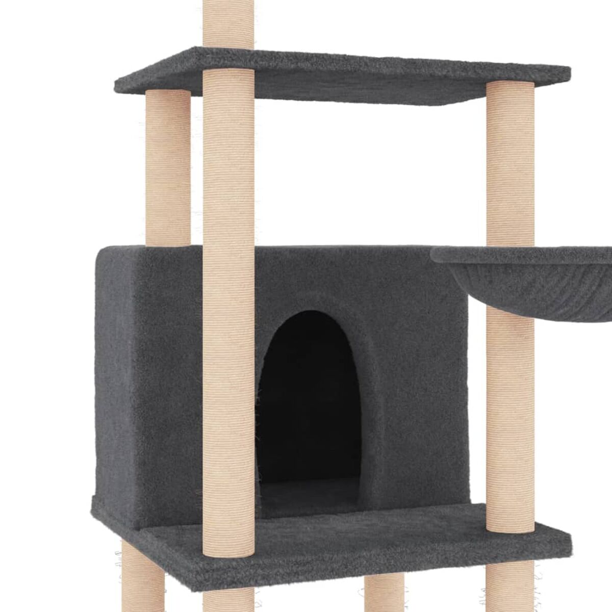 Katzenbaum mit mehreren Ebenen, dunkelgrau und beige. Verfügt über ein Haus, Plattformen und Kratzbäume.