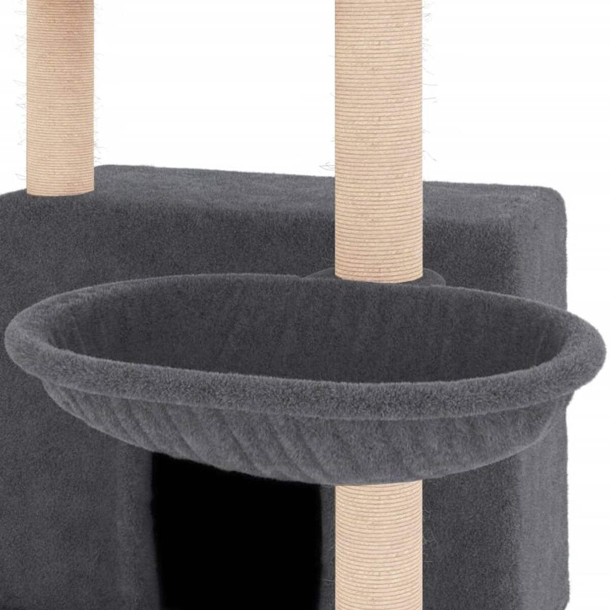 Katzenbaum mit dunkelgrauer Basis und rundem Bett. Zwei Kratzpfosten sind sichtbar.