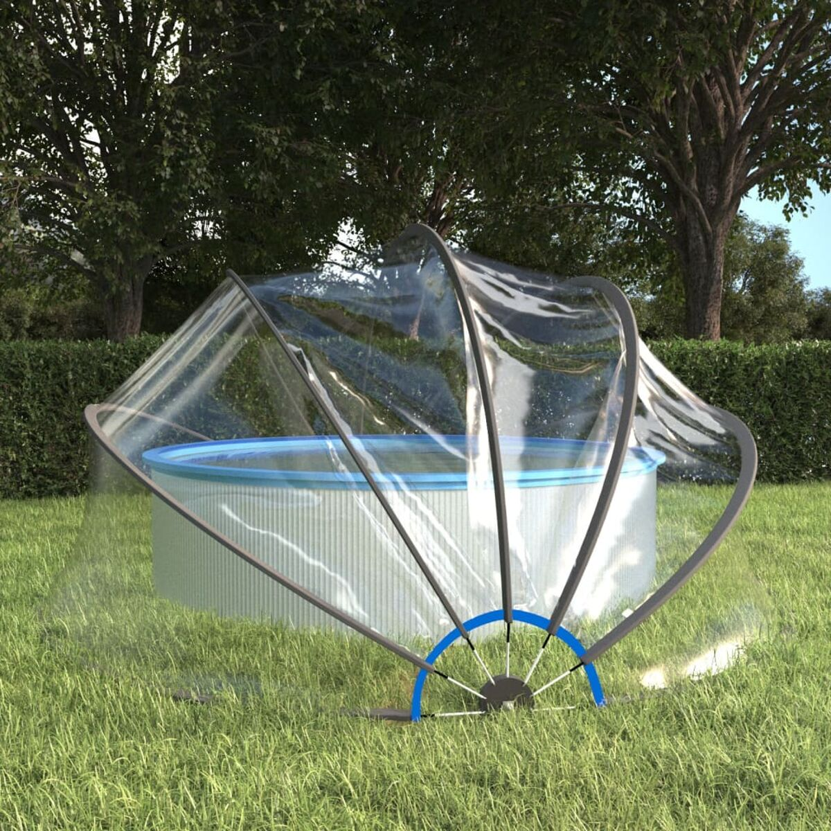 Eine transparente Poolabdeckung über einem runden Pool auf einem grünen Rasen.
