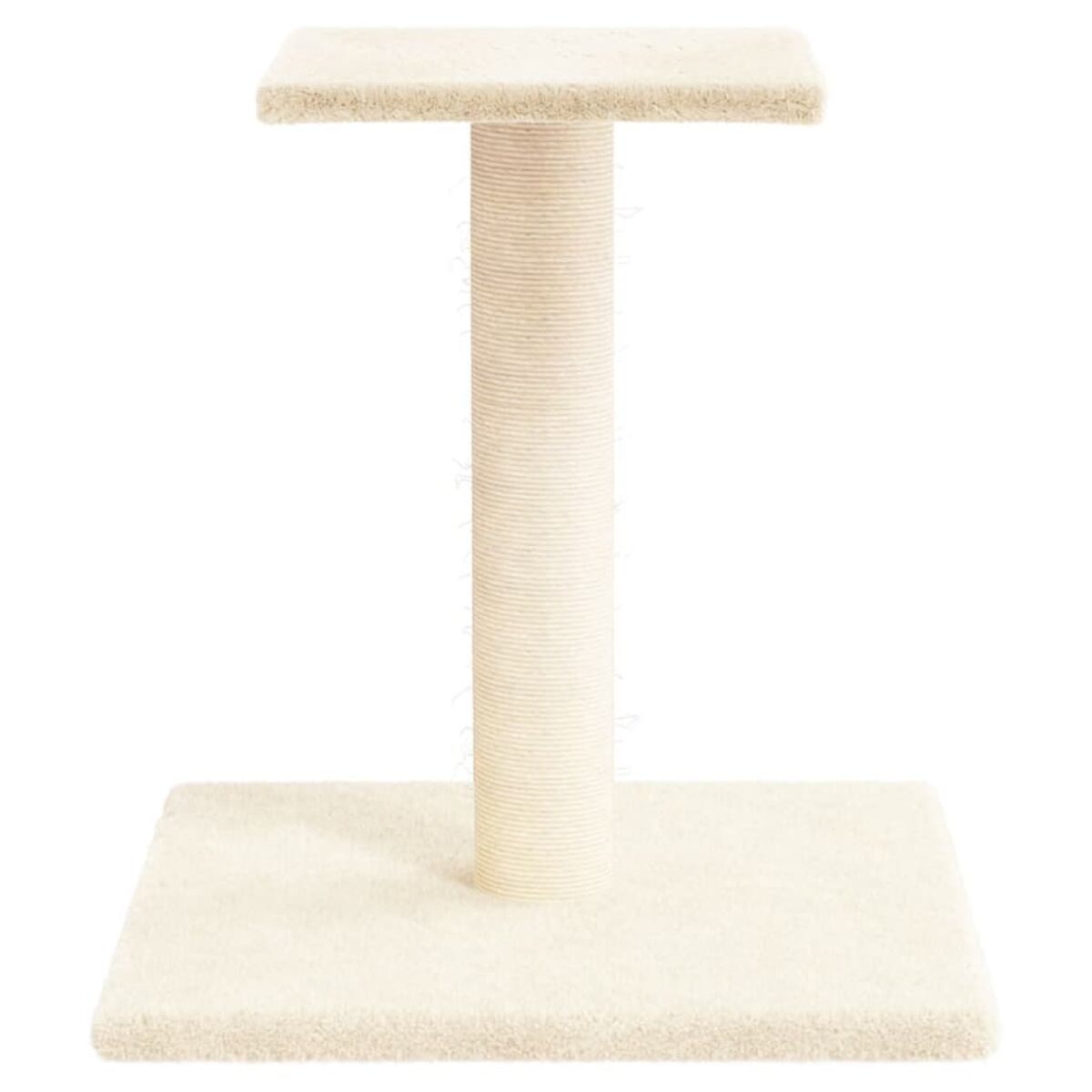 Ein Kratzbaum für Katzen. Er hat eine beige Basis und Oberseite mit einem Mittelpfosten.