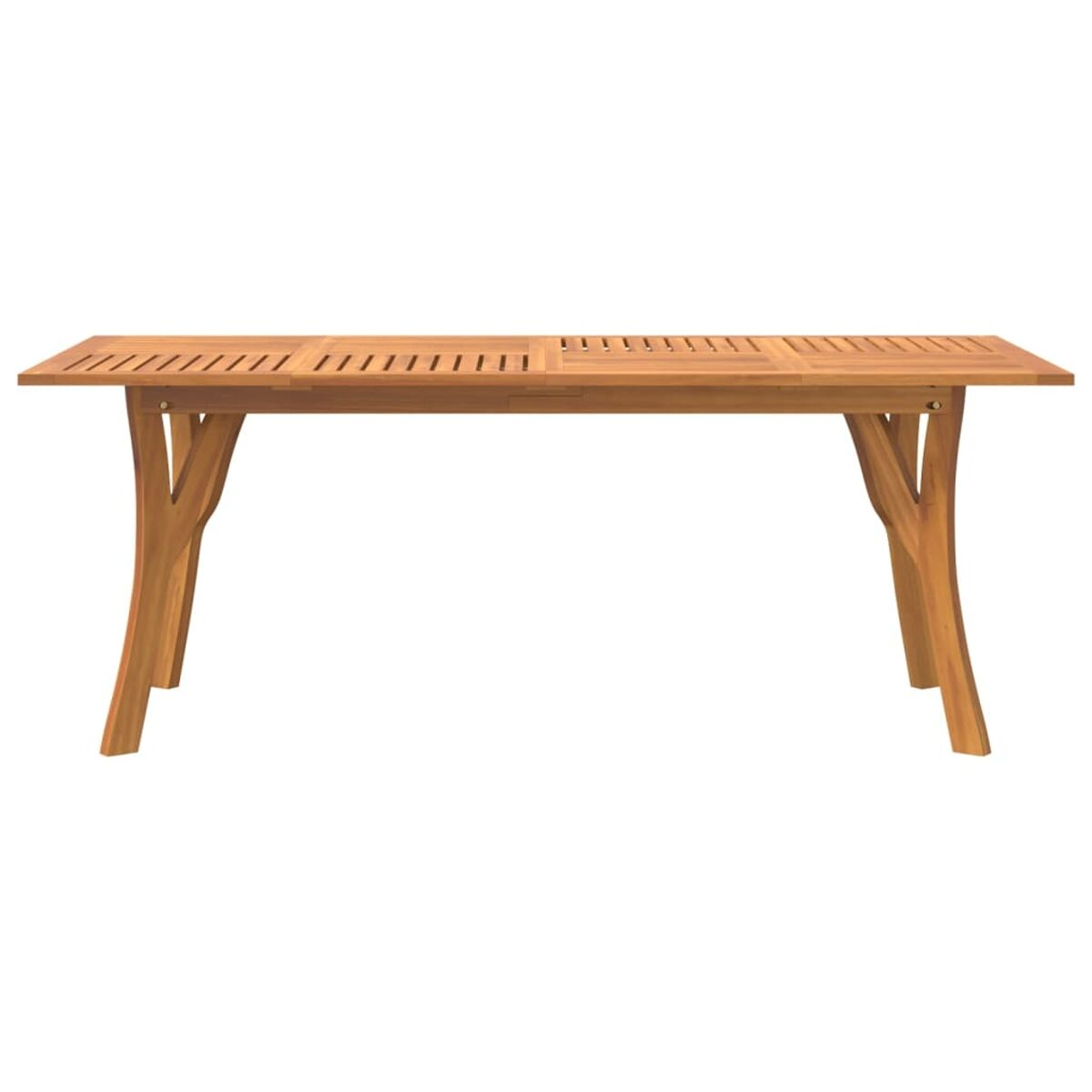 Holztisch mit rechteckiger Form und Lattenoberfläche, auf weißem Hintergrund.