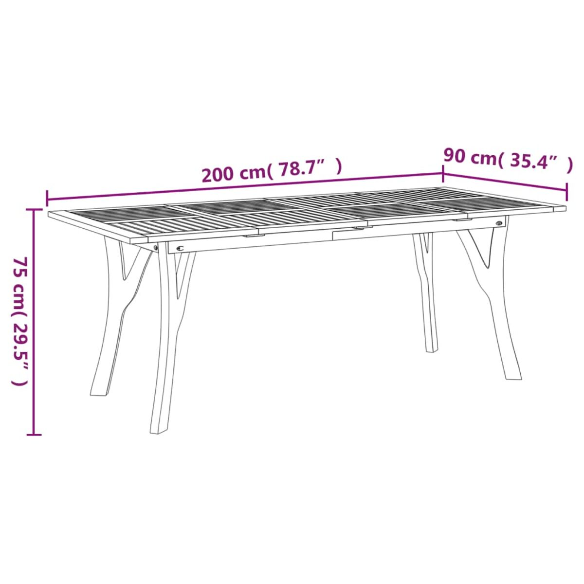 Diagramm eines rechteckigen Holztisches mit in cm beschrifteten Abmessungen.