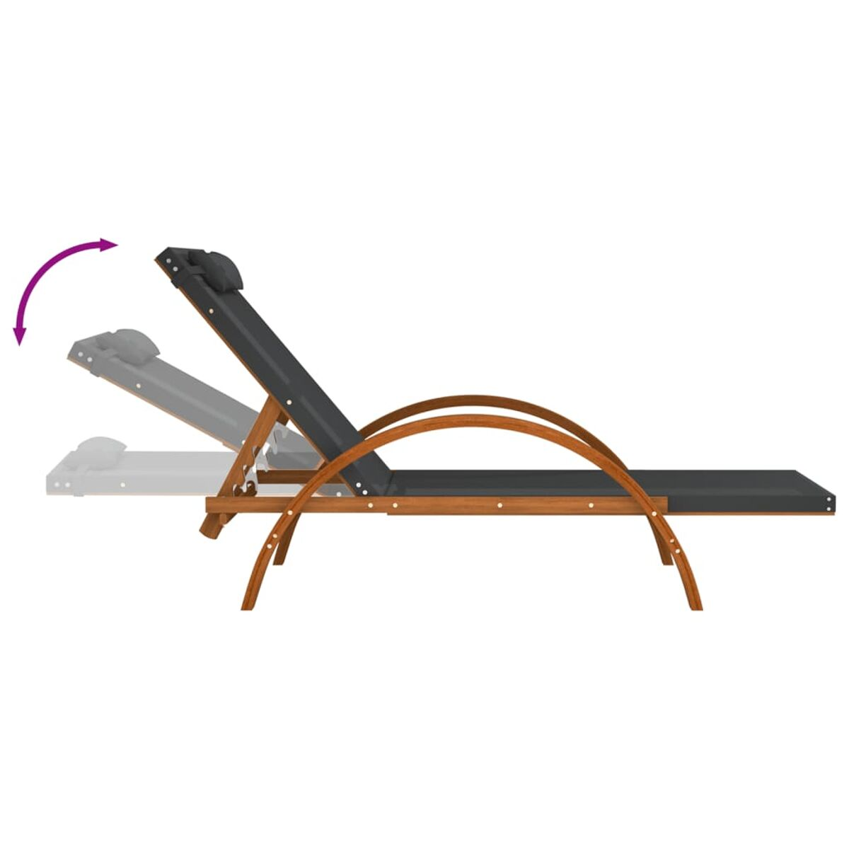 Chaiselongue aus Holz mit grauem Kissen, in verschiedenen Liegepositionen gezeigt.