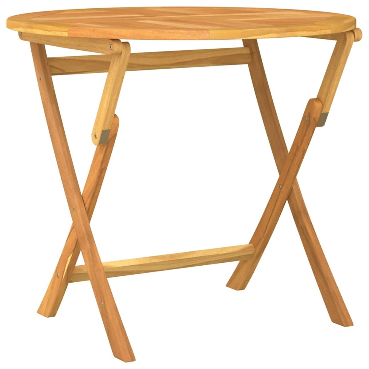 Ein zusammenklappbarer Holztisch. Er ist rund und hat gekreuzte Beine. Das Holz ist hellbraun.