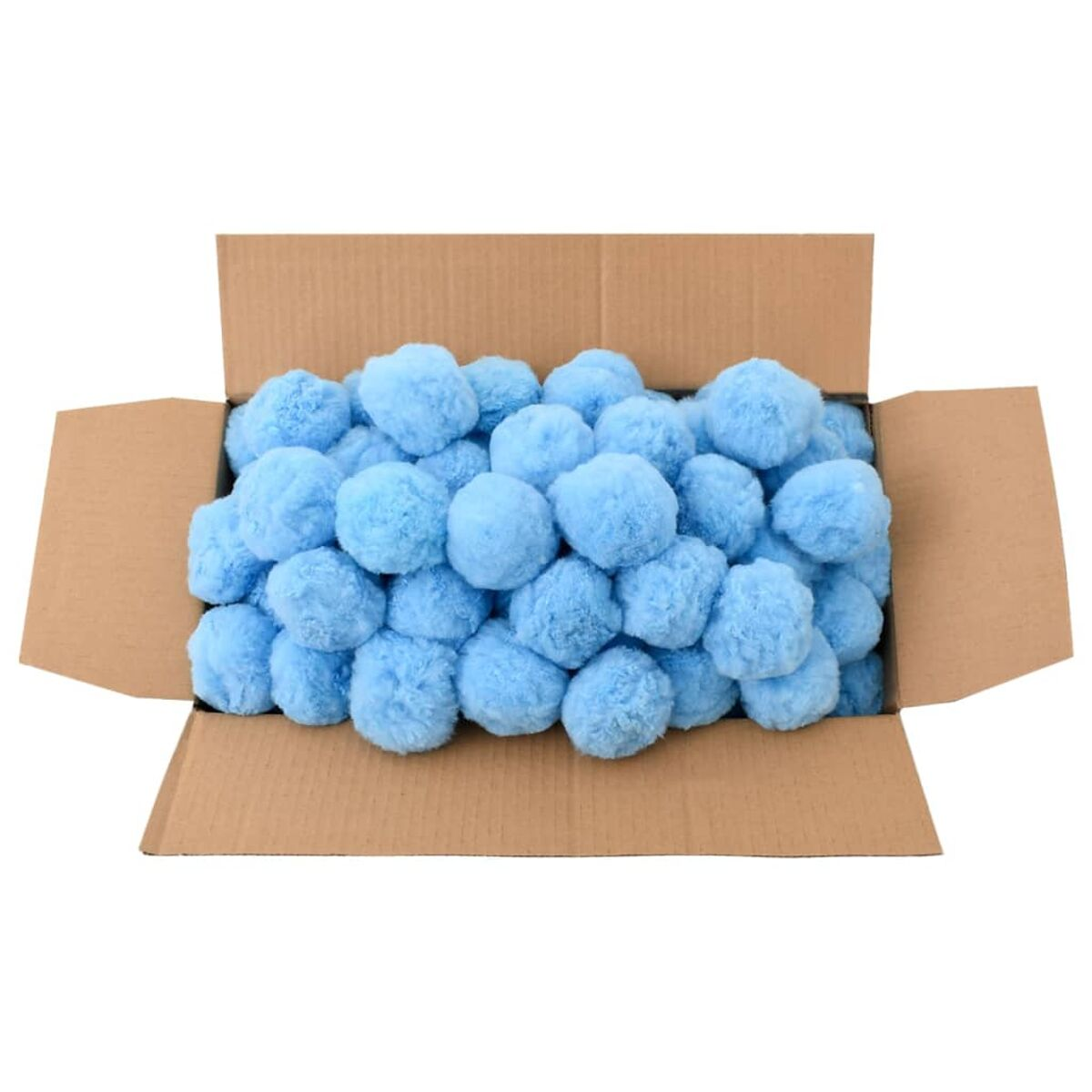 Offener Karton gefüllt mit hellblauen Pompons. Die Box steht auf einer weißen Oberfläche.