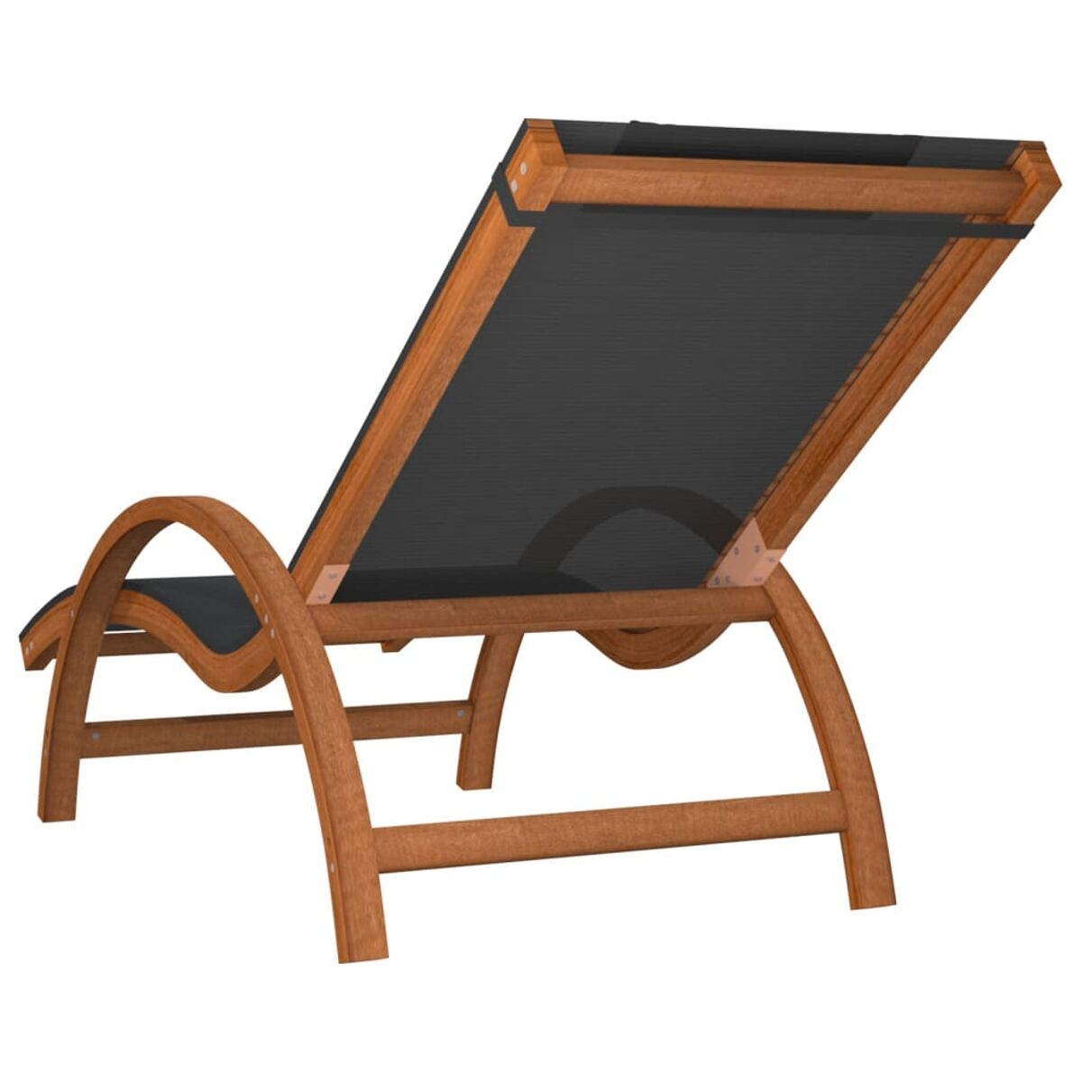 Holz-Liegestuhl mit schwarzem Stoff. Gebogenes Design, Rückenlehne ist aufgestellt.