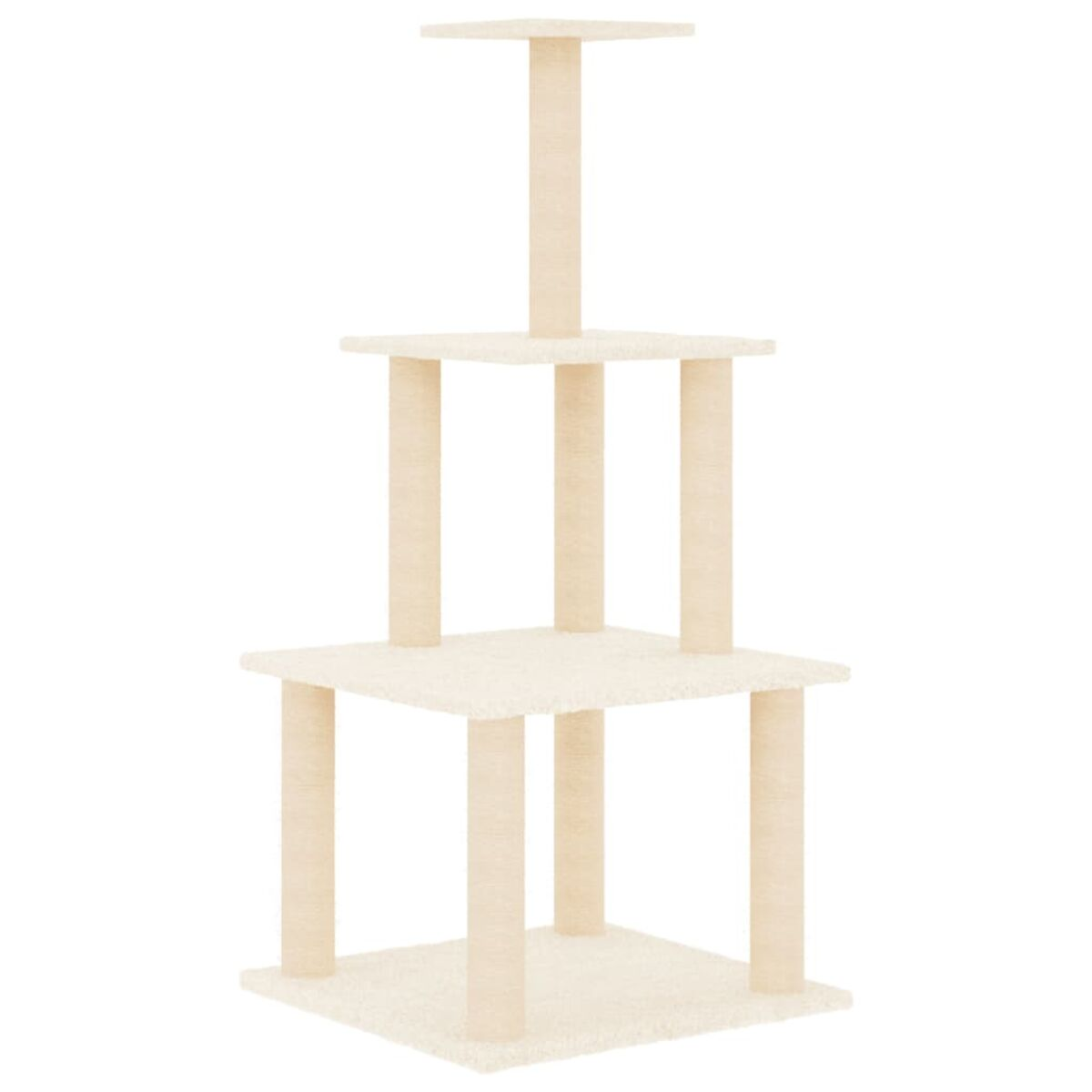 Katzenbaum mit mehreren beigen Plattformen und Pfosten. Weißer Hintergrund.