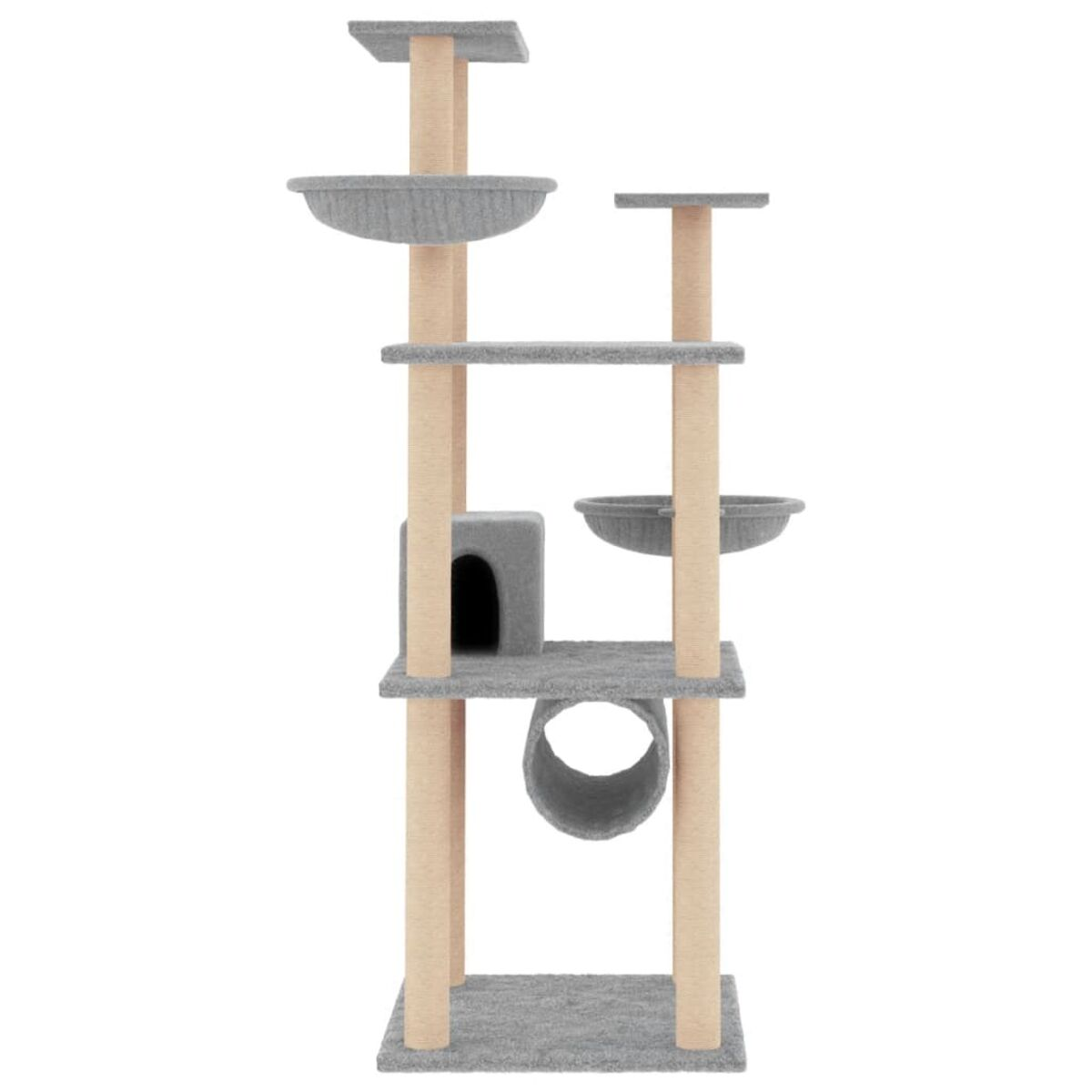 Katzenbaum mit mehreren Ebenen. Verfügt über Pfosten, Plattformen, eine Höhle und einen Tunnel.