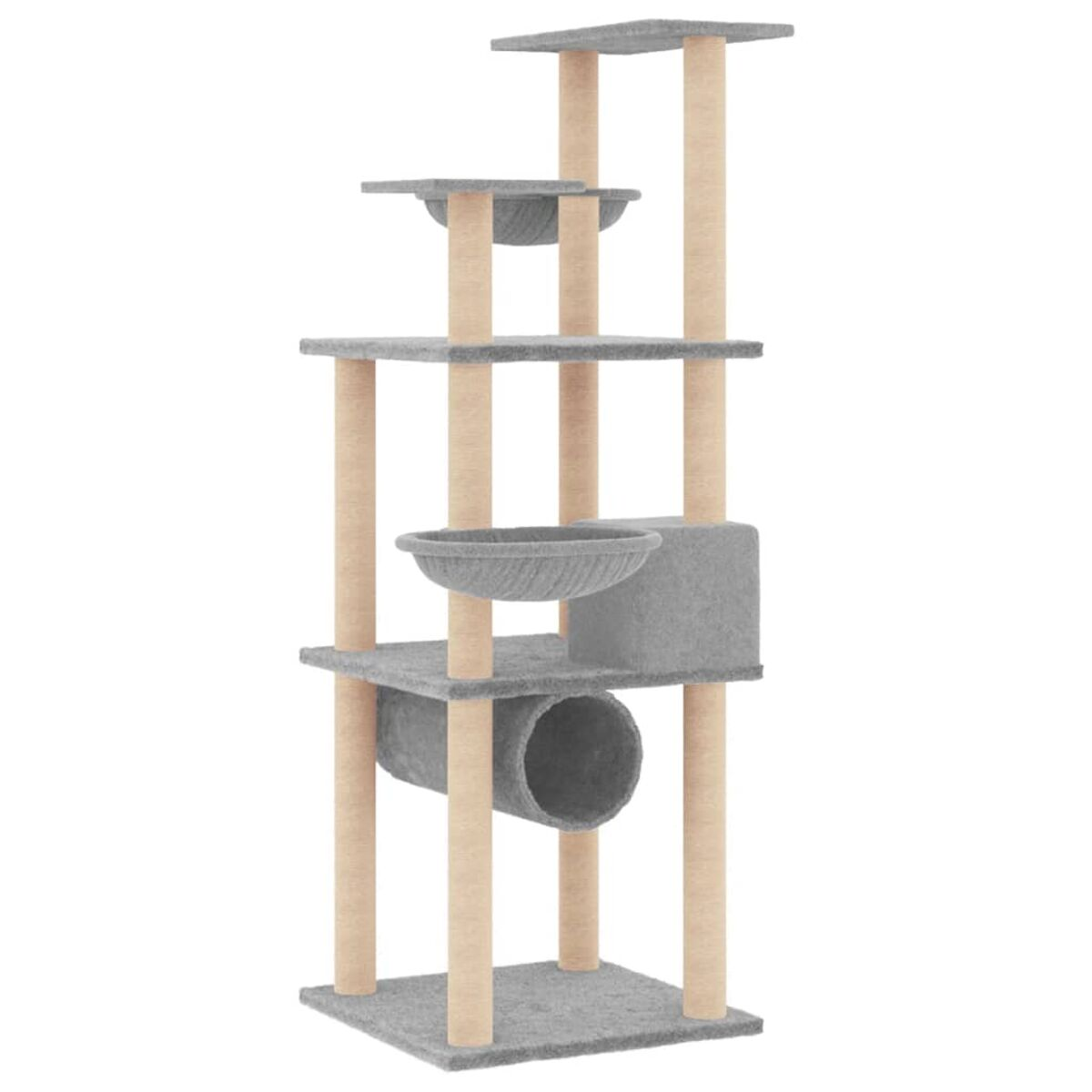 Ein grauer Katzenbaum mit mehreren Ebenen, Tunneln und Betten. Beige Pfosten stützen die Struktur.