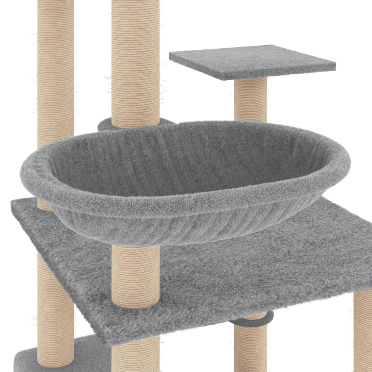 Katzenbaum mit grauen Plattformen und Bett, vor weißem Hintergrund.